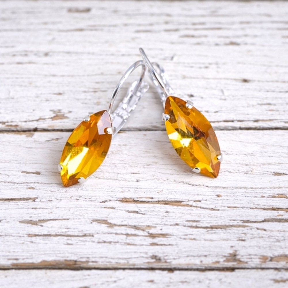 Leverback Earrings with Autumn Amber Topaz Crystals – Shiny Silver, Handmade